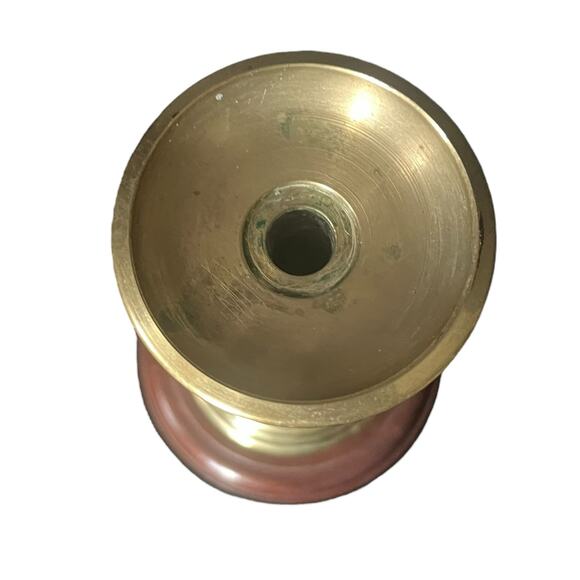 VTG 70s Mid Century Modern large brass and wood candlestick - Picture 2 of 4